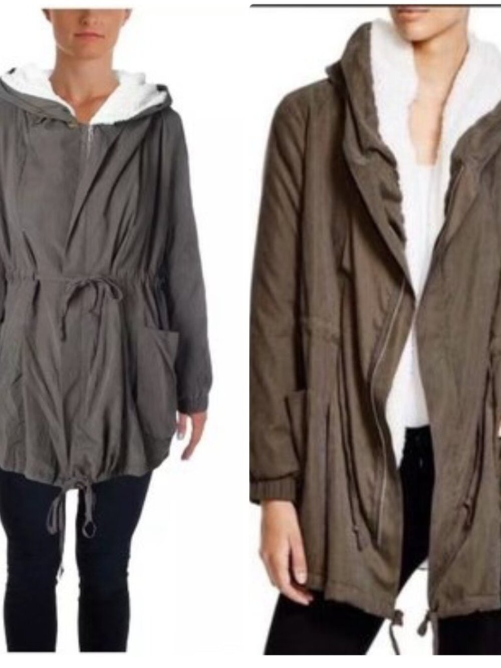 LUSH Sherpa Lined Hooded Parka Jacket Khaki Green Size S/M Cozy Fall Anorak